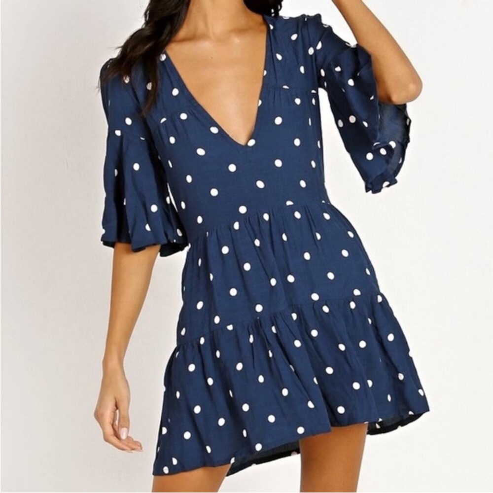 Faithful the Brand Fresa Blue Ronja Dot Sleeve Babydoll Mini Dress Sz 8 Large